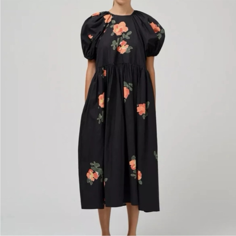 Naya Rea Cotton Floral Muted Blue Oversized Smock Dress, Size XL, Off Shoulder